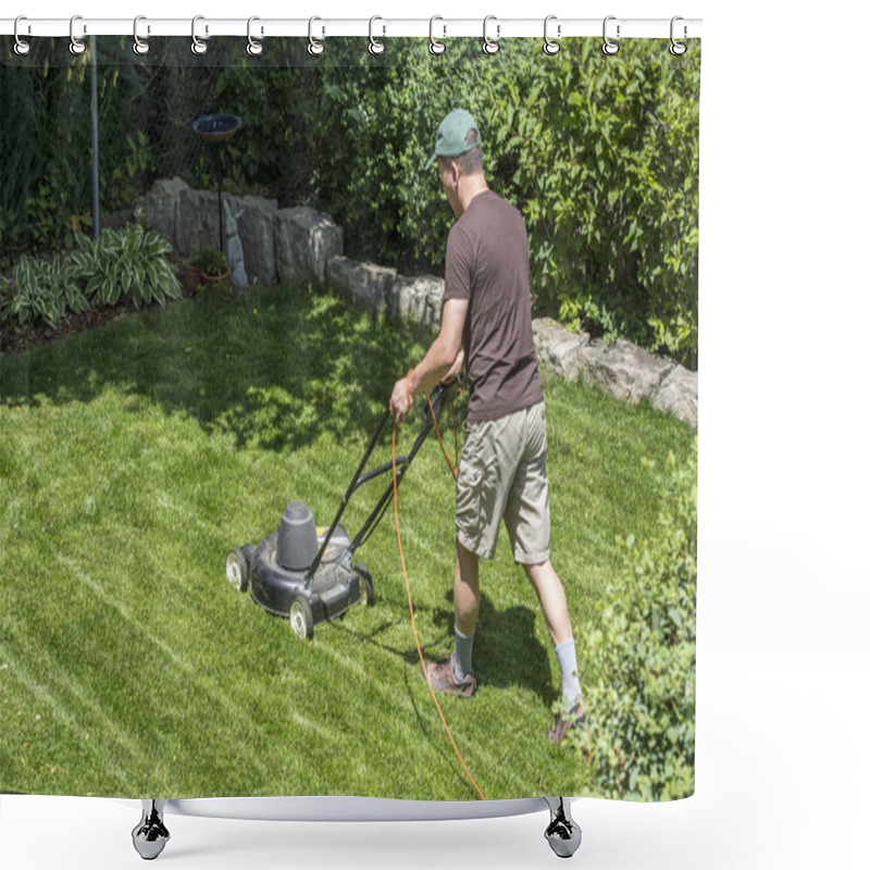 Personality  Man Mowing Lawn With An Electric Lawn Mower Shower Curtains