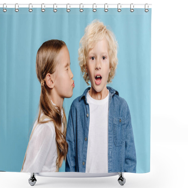 Personality  Kid With Closed Eyes Kissing Shocked Friend Isolated On Blue  Shower Curtains