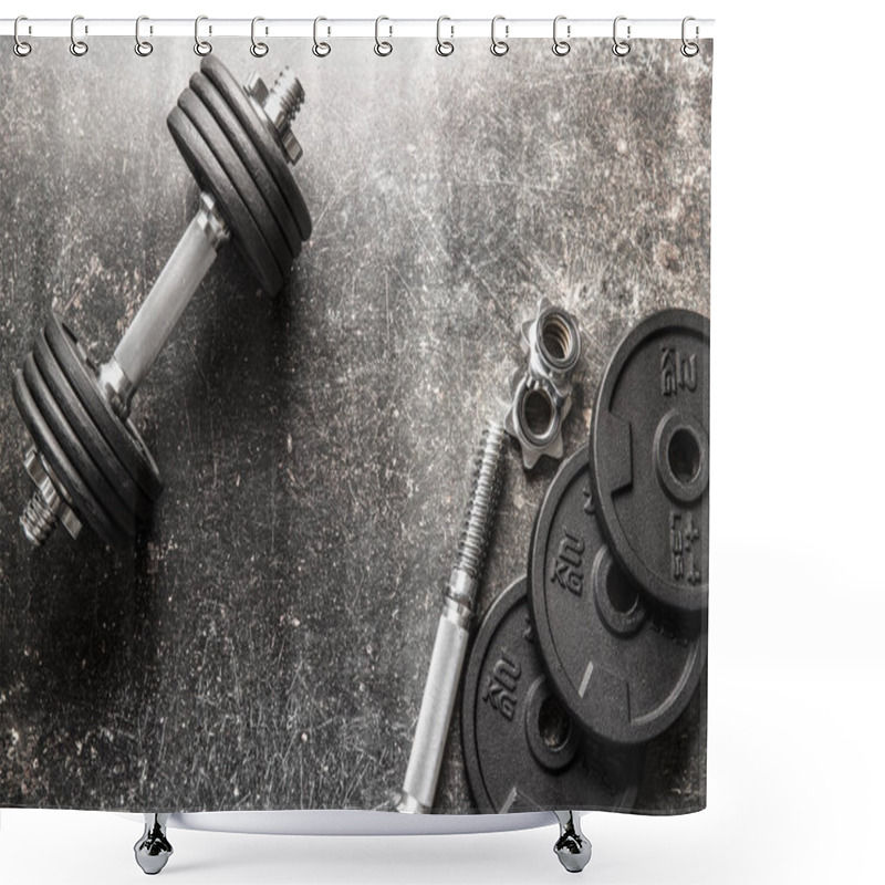 Personality  Dumbbell With Black Weight On Grunge Background. Shower Curtains