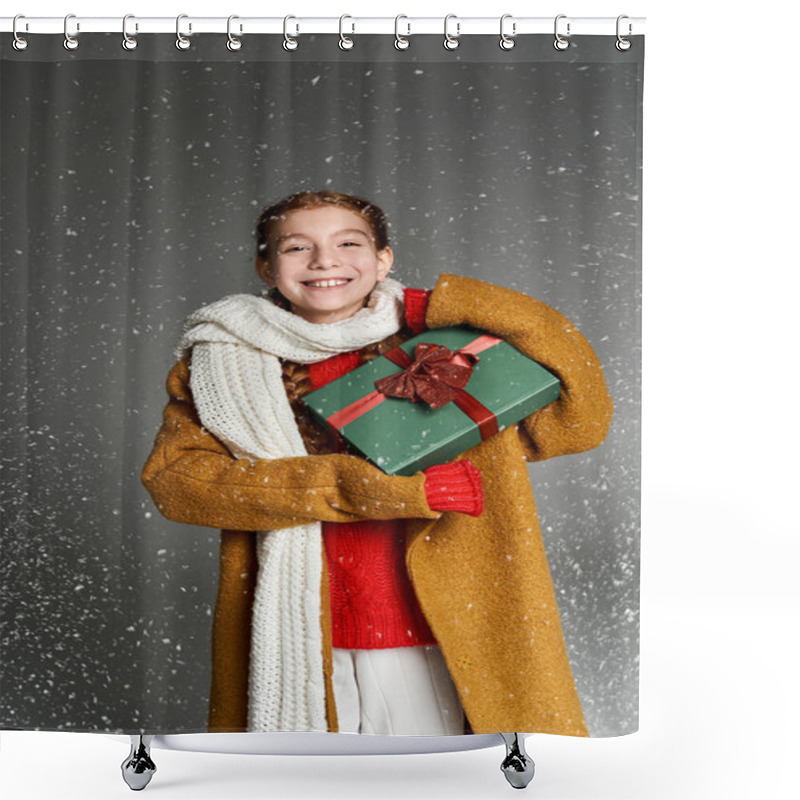 Personality  A Delighted Young Girl Dressed In Warm Winter Clothes Holds A Gift While Snowflakes Fall Around Her. Shower Curtains