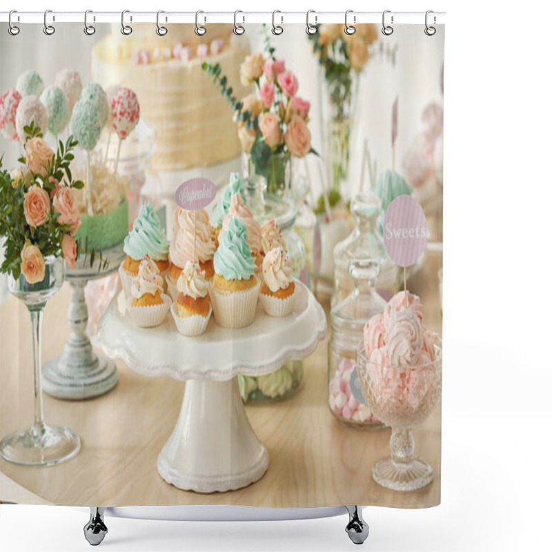 Personality  Table With Tasty Sweets  Shower Curtains