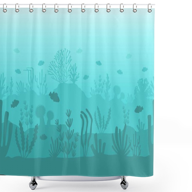 Personality  Seamless Ocean Bottom. Underwater Coral Reef Silhouette With Sea Plants, Fish And Seaweed. Flat Seascape With Undersea Life Vector Pattern Shower Curtains