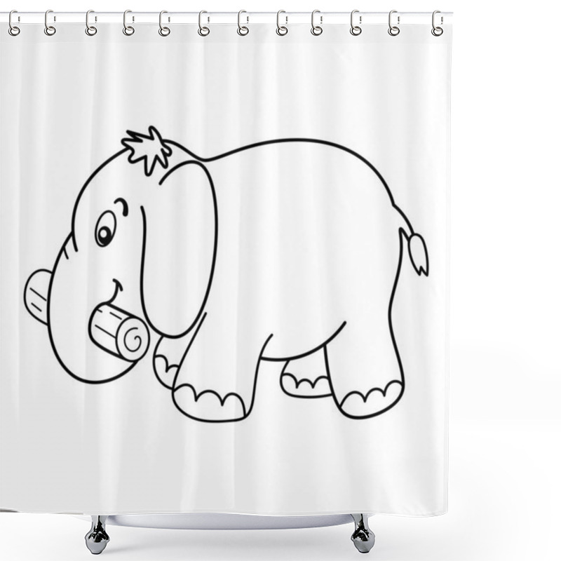 Personality  Cute Elephant With A Log. This Black-and-white Vector Image Shows An Adorable Cartoon Elephant In A Playful, Friendly Style. Its Holding A Small Log In Its Trunk. Shower Curtains