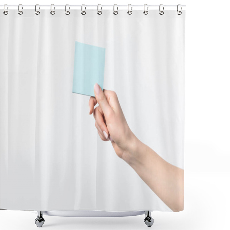 Personality  Cropped Shot Of Woman Holding Blank Blue Sticky Note In Hand Isolated N White Shower Curtains