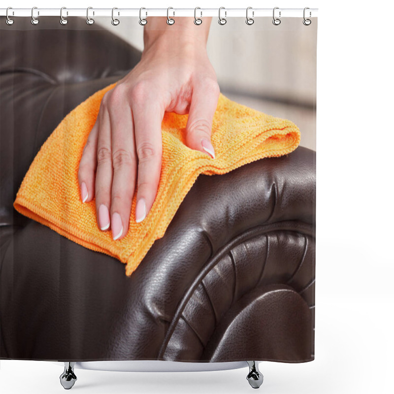 Personality  Closeup Shot Of Female Hand Wiping Brown Leather Chester Couch O Shower Curtains