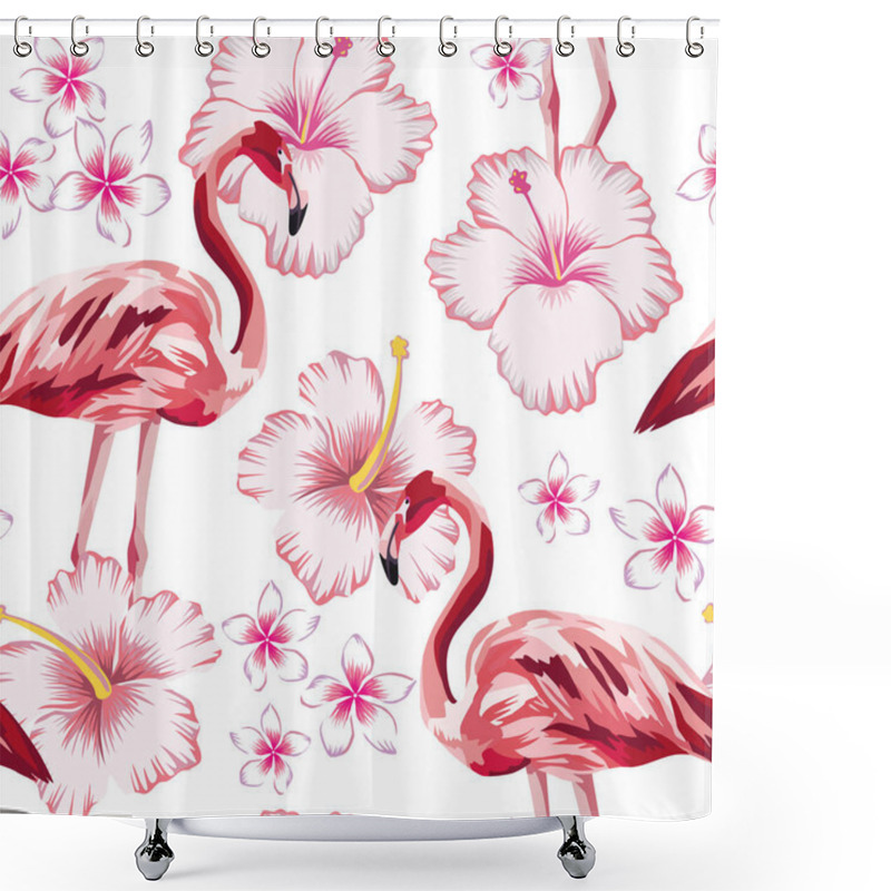 Personality  Exotic Beautiful Bird Pink Flamingo And Tropical Hibiscus, Plumeria, Frangipani Flowers Seamless Vector Pattern On White Background. Beach Creative Wallpaper Shower Curtains