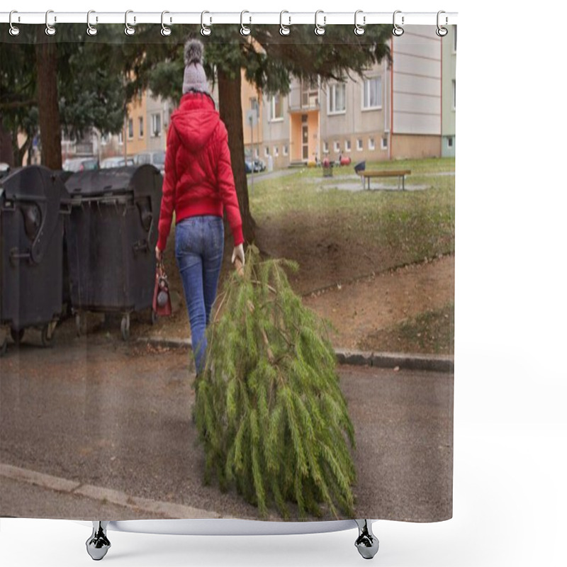 Personality  A Woman With A Handbag  Pulls The  Christmas Tree To The Waste Container.A Woman With A Red Handbag And A Jacket Carries A Pine Tree To The Container. The Garbage Trucks Will Take Her Later. Shower Curtains