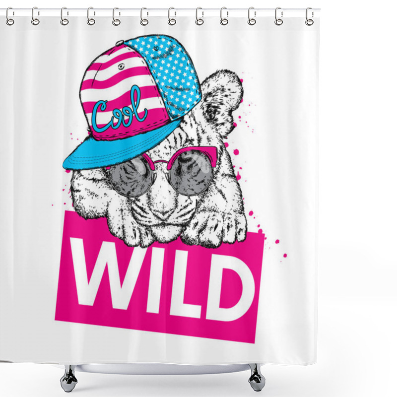 Personality  A Beautiful Tiger Cub With Glasses And A Cap. Vector Illustration For A Postcard Or A Poster, Print For Clothes And Accessories. Wild Tiger. Fashion & Style. American Flag. The Patriot Of The USA. Shower Curtains