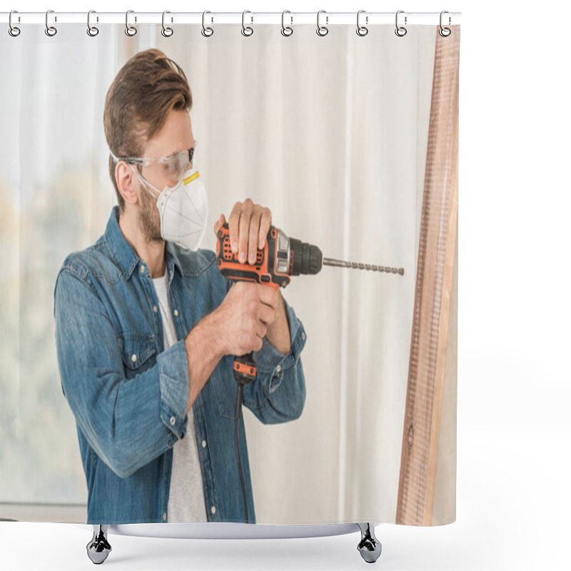 Personality  Young Man In Protective Mask And Goggles Using Electric Drill During House Repair Shower Curtains