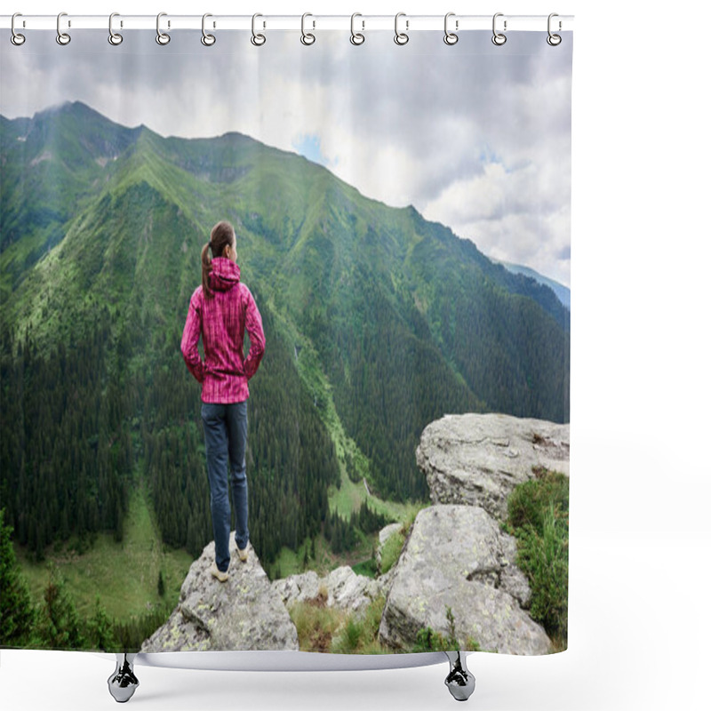 Personality  Rear View Of A Girl Standing On A Cliff In Front Of Her Opening A Mesmerizing Landscape Of Mighty Green Mountains And Clouds Above Them. Europe, Romania Shower Curtains