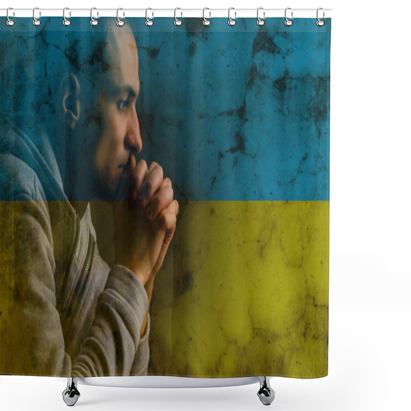 Personality  Children Against War. Russias Invasion Of Ukraine, Request For World Communitys Help. Against Background Of Ukrainian Flag With Hands Painted In Yellow And Blue, Gesture Of Faith And Hope Shower Curtains