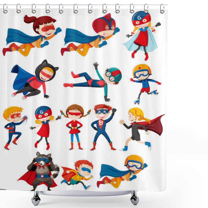 Personality  Set Of Children In Hero Costume On White Background Illustration Shower Curtains