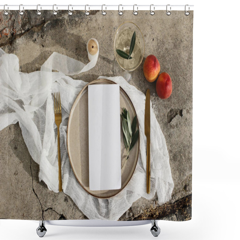 Personality  Festive Wedding Summer Table Setting. Golden Cutlery, Olive Branch, Glass Of Wine, Peaches Fruit And Porcelain Dinner Plate On Grunge Concrete Background. Blank Menu Card Mockup. Flat Lay, Top View. Shower Curtains