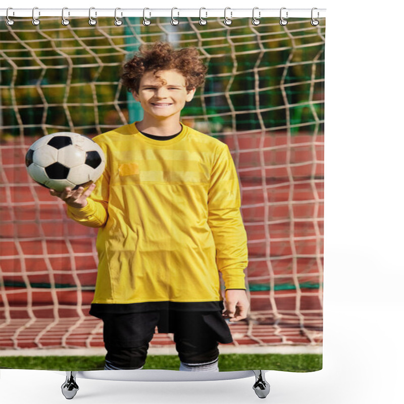 Personality  A Young Man Stands In Front Of A Goal, Holding A Soccer Ball In His Hands, Ready To Take A Shot, With Determination In His Eyes. Shower Curtains