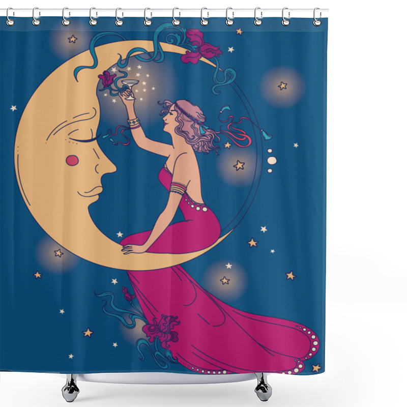 Personality  Beautiful Poster In Art Nouveau Style With Party Woman And Moon In Starry Sky Shower Curtains