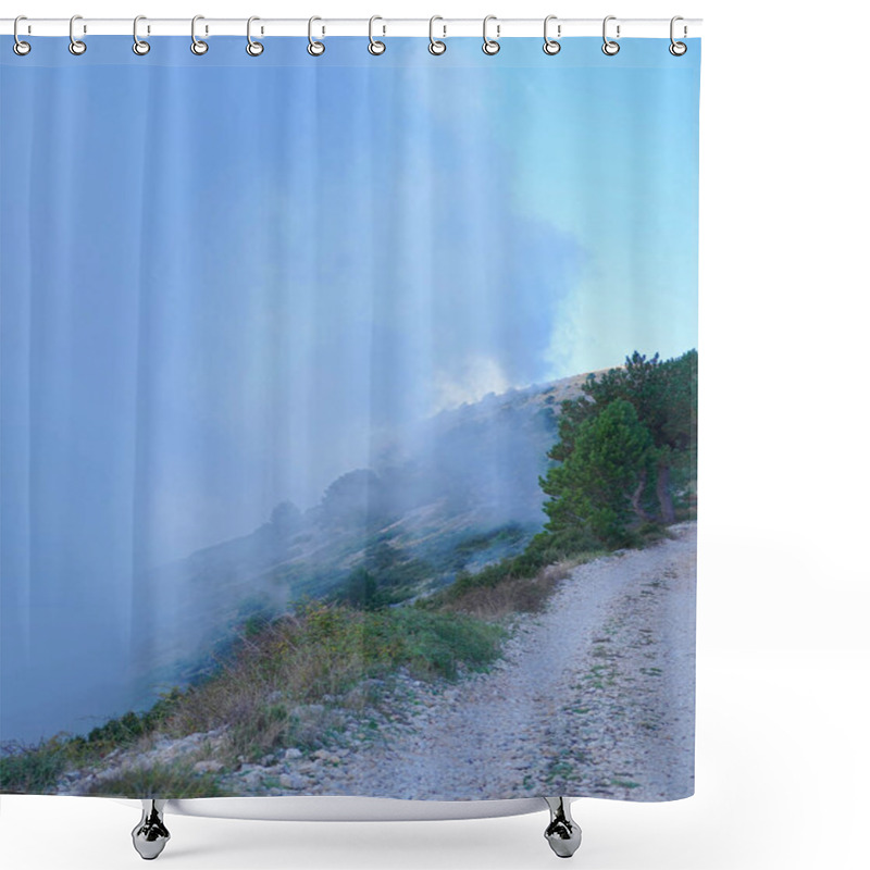 Personality  A Rugged Mountain Trail Disappears Into Thick Fog, Creating An Eerie And Mysterious Atmosphere. The Rocky Path, Surrounded By Sparse Vegetation And Mist, Evokes A Sense Of Adventure, Solitude, And Exploration. Shower Curtains