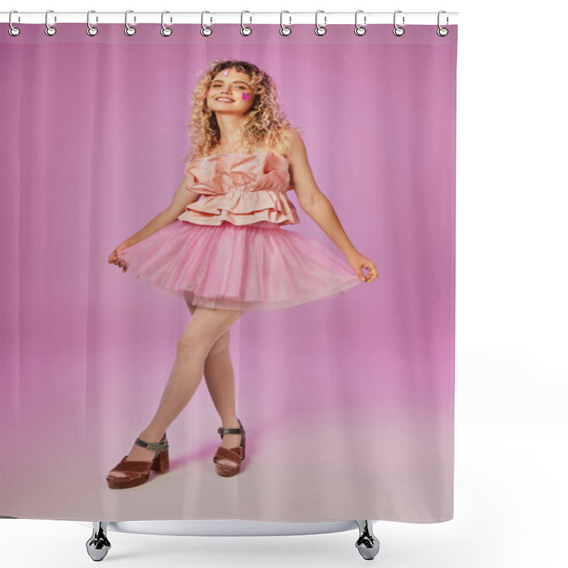 Personality  Gorgeous Lovely Woman In Pink Tooth Fairy Costume With Face Stickers Posing On Pink Backdrop Shower Curtains