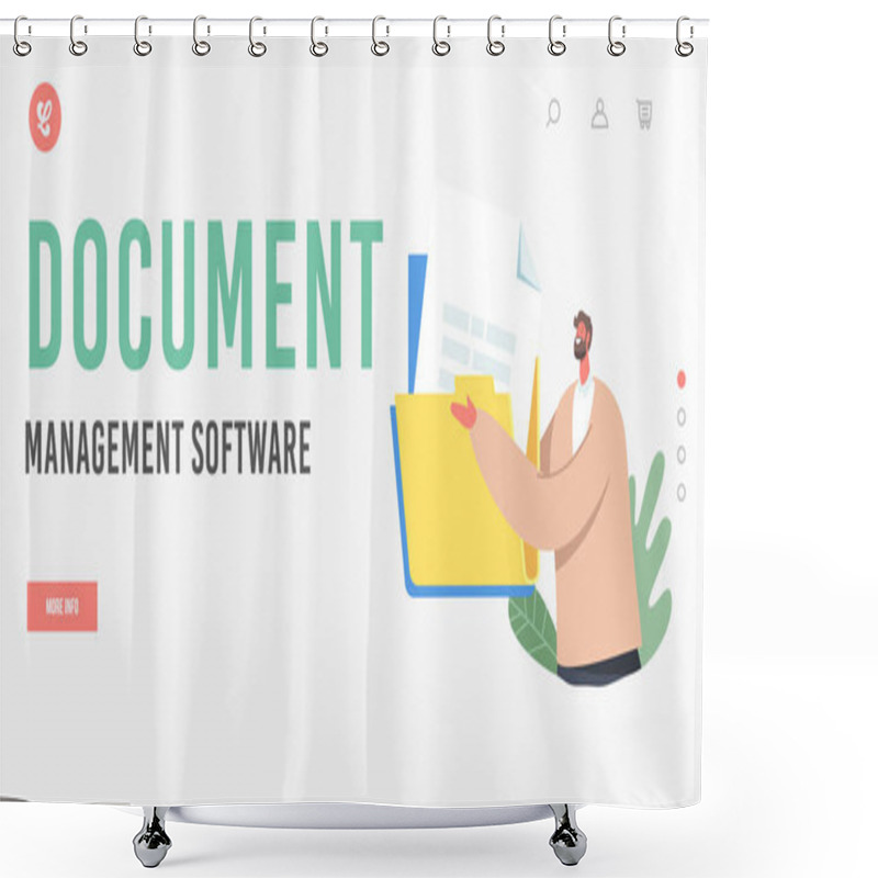 Personality  Document Management Software Landing Page Template. Files Organization, Business Character With And Paper Docs Folders Shower Curtains