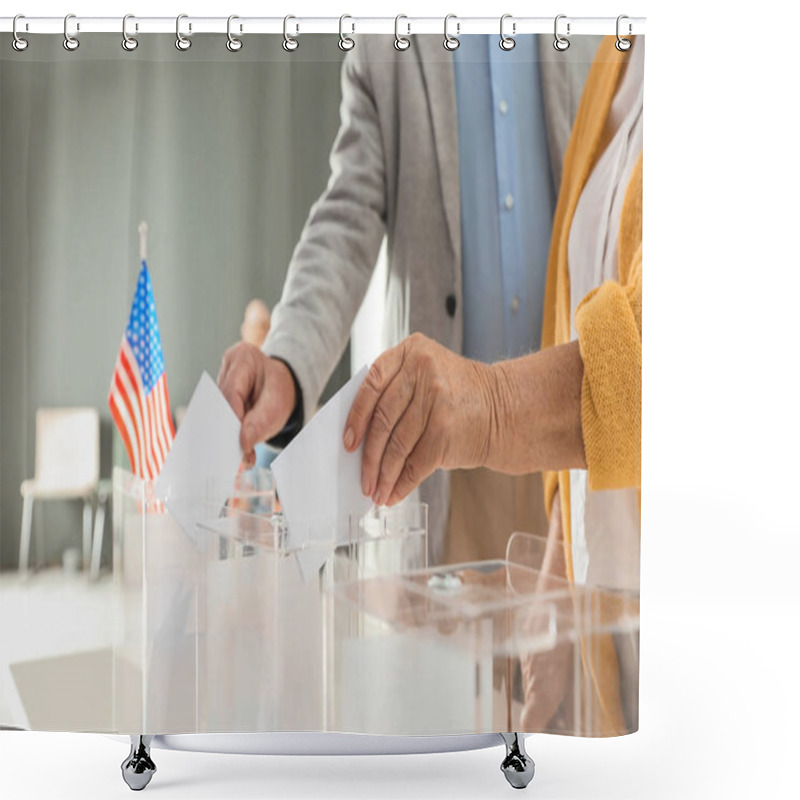 Personality  Elderly People Putting Ballot Papers Into Boxes At Polling Station, Closeup Shower Curtains