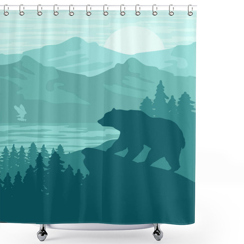 Personality  MODERN FLAT DESIGN BACKGROUND NATURAL LANDSCAPE PINETREE JUNGLE FOREST IN SUNRISE SUNSET SILHOUETTE Shower Curtains