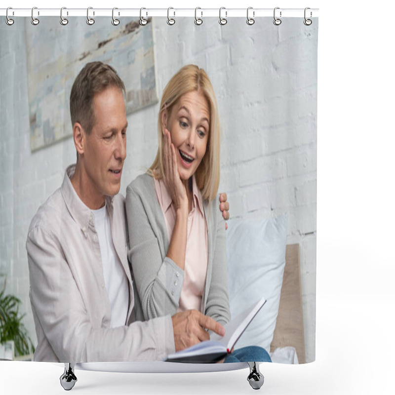 Personality  Man Pointing To Notebook To Shocked Wife On Bed Shower Curtains