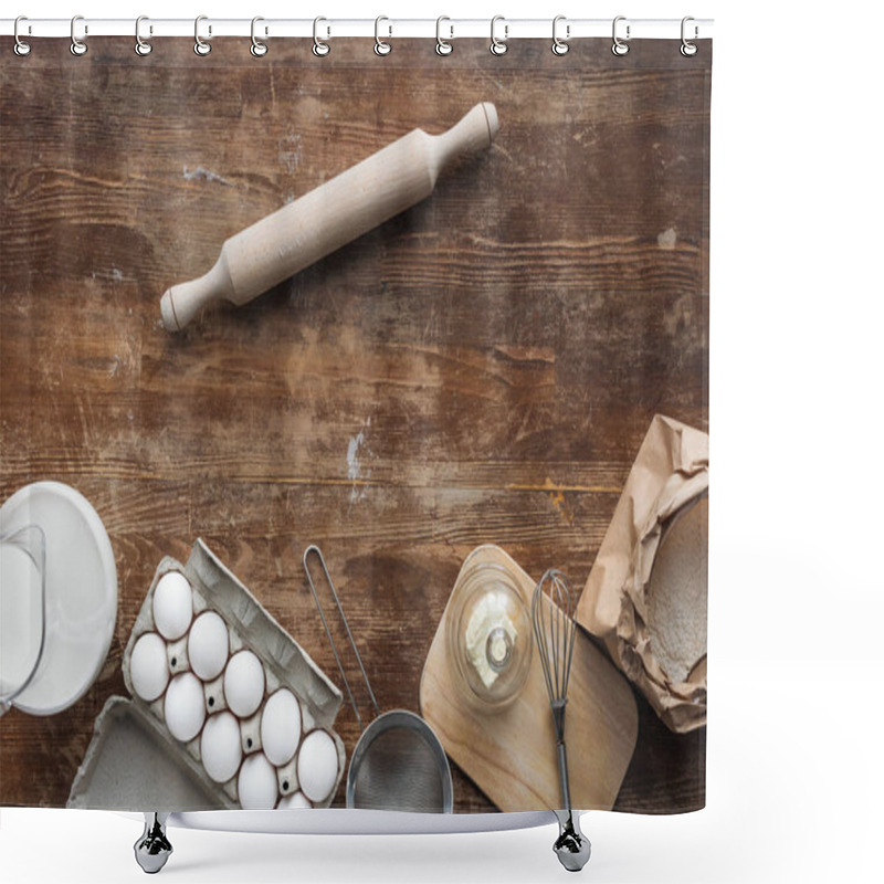 Personality  Top View Of Baking Ingredients On Wooden Table Shower Curtains