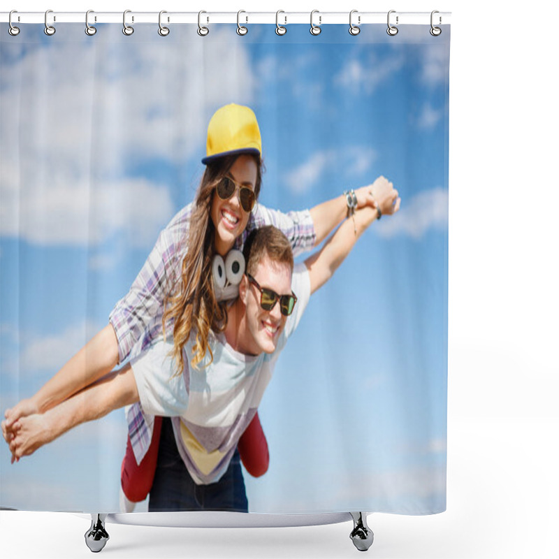 Personality  Smiling Teenagers In Sunglasses Having Fun Outside Shower Curtains