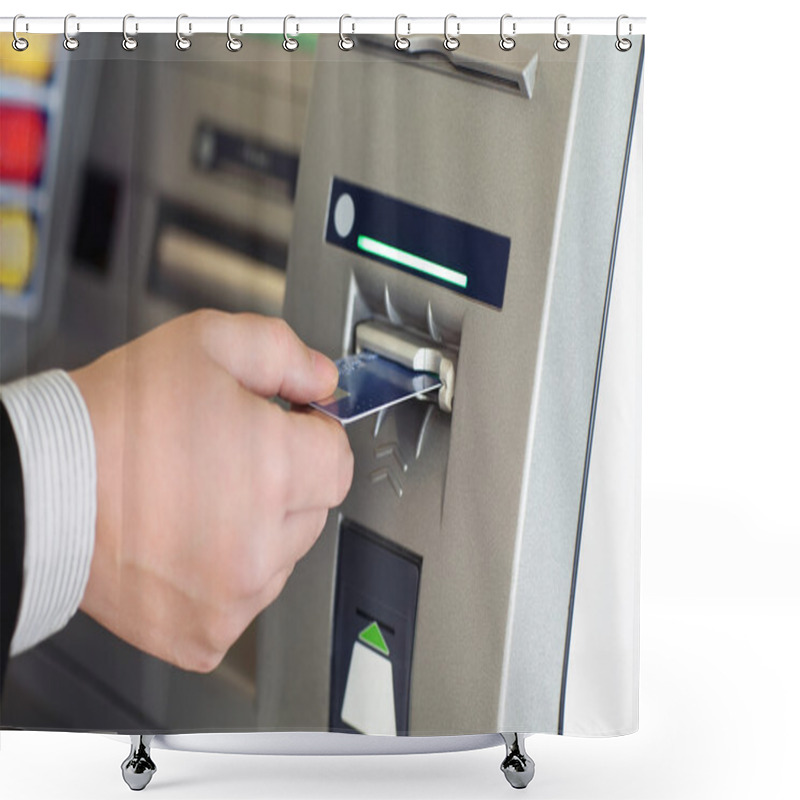 Personality  Male Hand Businessman Inserts Credit Card Into The ATM Shower Curtains