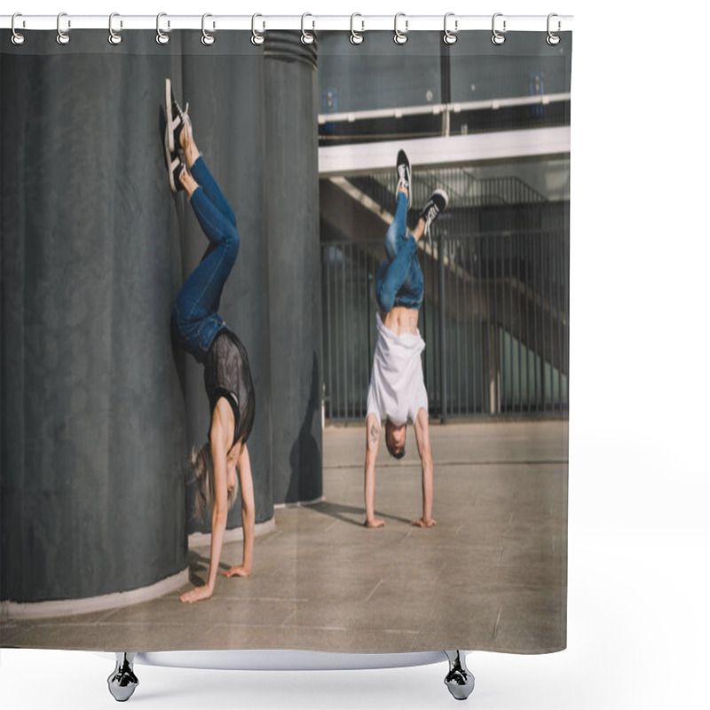 Personality  Young Couple Of Dancers Performing Handstand On Street Shower Curtains