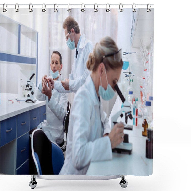 Personality  Chemist Doing Microscope Analysis Shower Curtains