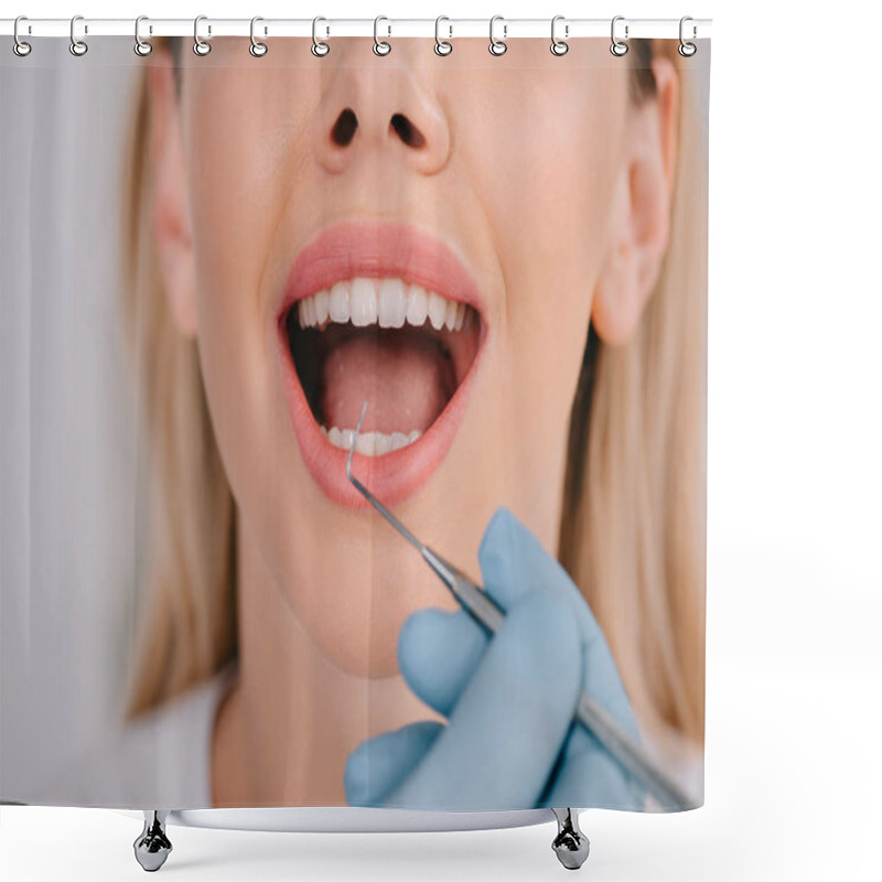 Personality  Cropped View Of Dentist Examining Teeth Of Young Woman With Dental Probe Shower Curtains