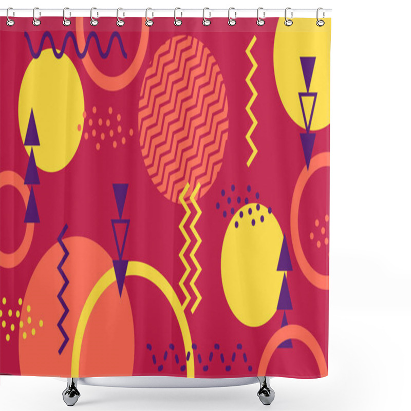 Personality  Vibrant Geometric Shapes And Patterns Creating A Dynamic Memphis Design Background, Featuring Circles, Triangles, Zigzags, And Dotted Textures In A Retro Inspired Color Palette Shower Curtains