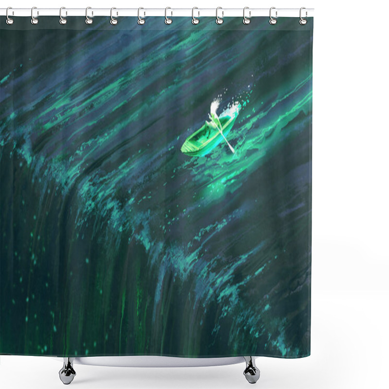 Personality  Man Rowing In Glowing Green Boat Near Edge Of Waterfall Shower Curtains