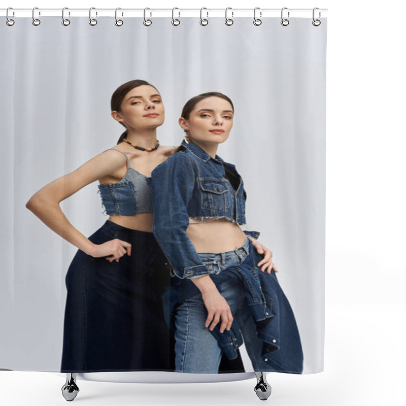 Personality  Two Stylish Twin Sisters Pose Together In Denim, Radiating Elegance And Charm. Shower Curtains