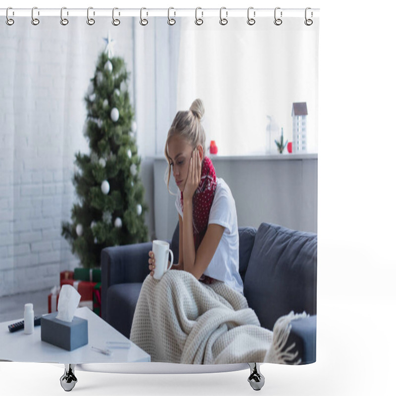 Personality  Diseased Woman In Bad Mood Sitting With Cup Of Warm Drink Near Christmas Tree On Blurred Background Shower Curtains