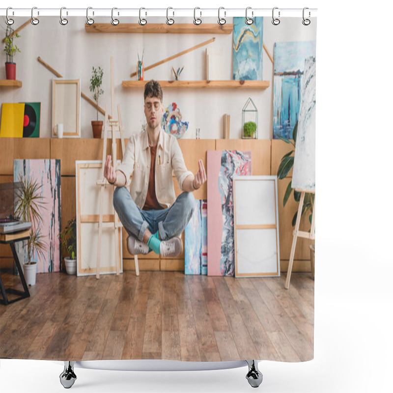 Personality  Handsome Artist With Closed Eyes Levitating In Lotus Pose In Gallery Shower Curtains