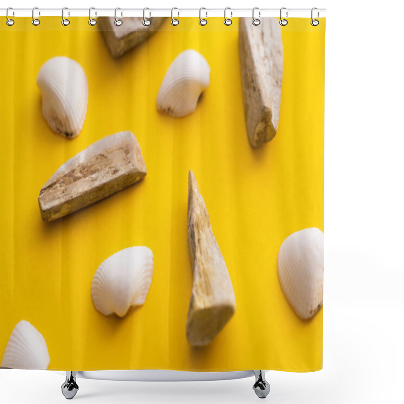 Personality  Top View Of White Seashells And Stones On Yellow Background  Shower Curtains