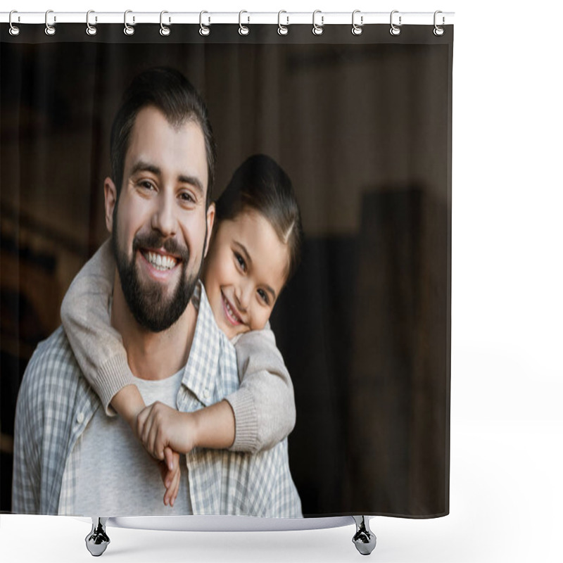 Personality  Cheerful Father And Daughter Hugging And Looking At Camera At Home Shower Curtains