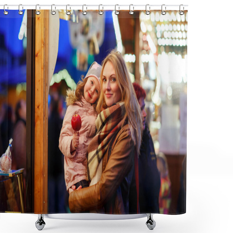 Personality  Mother And Little Daughter Eating Crystalized Apple On Christmas Shower Curtains