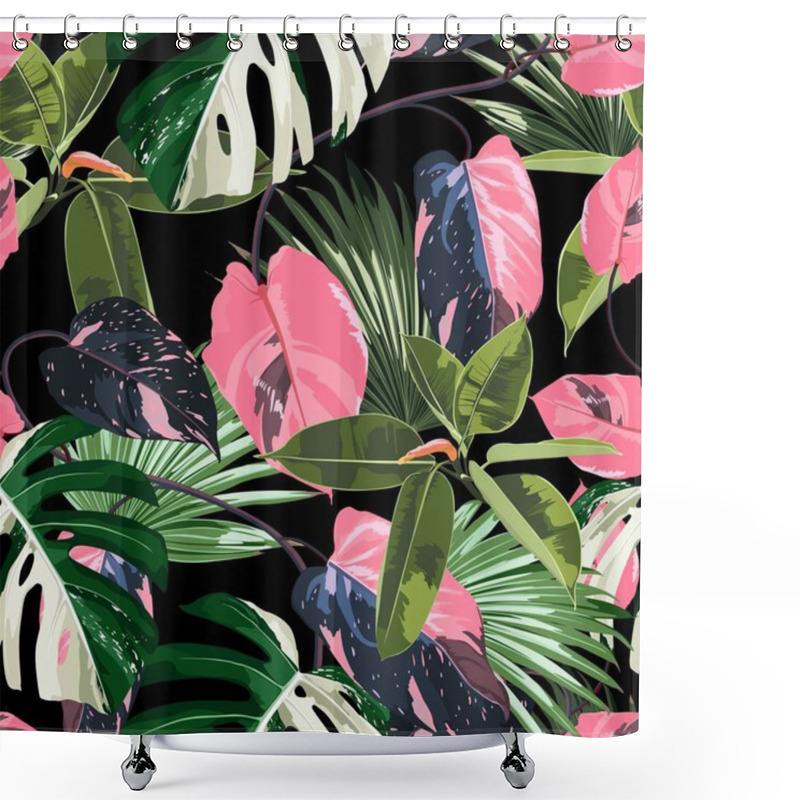 Personality  Tropic Summer Painting Seamless Pattern With Exotic Pink Liana Branch And Palm Monstera Leaves. Trendy Exotic Flower Wallpaper On Dark Background. Shower Curtains