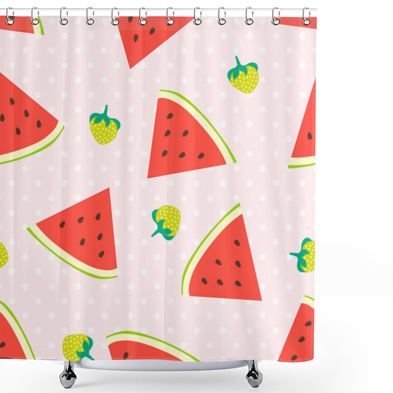 Personality  Watermelon And Strawberries Seamless Pattern With Polka Dots Shower Curtains