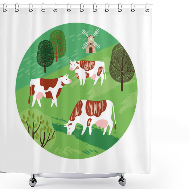 Personality  Cows In The Pasture. Silhouettes Of Cows And Trees. Geometrical Composition. Shower Curtains