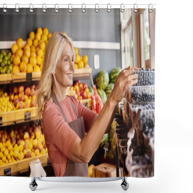 Personality  Joyous Mature Seller Checking Packs Of Blackberries With Fruit Stall On Background At Grocery Store Shower Curtains