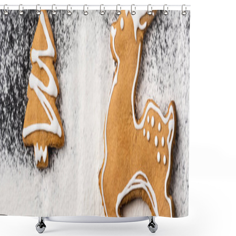 Personality  Panoramic Shot Of Gingerbread Cookies Decorated With Sugar Powder Shower Curtains