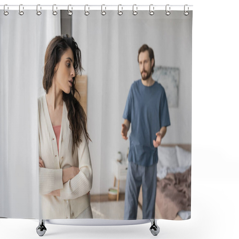 Personality  Displeased Woman Crossing Arms Near Blurred Boyfriend Quarrelling At Home  Shower Curtains