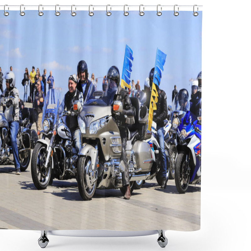 Personality  Dnipro, Ukraine, 28 04, 2018. Motorcyclists On Beautiful Expensive Motorcycles With A Yellow- Blue Pennant, Open The Motorcycle Season In Dnepropetrovsk. Ukrainian Flag,spring, Summer Shower Curtains