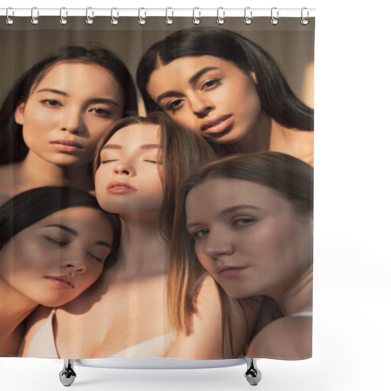 Personality  Five Dreamy Multicultural Girls Posing At Camera In Sunlight  Shower Curtains