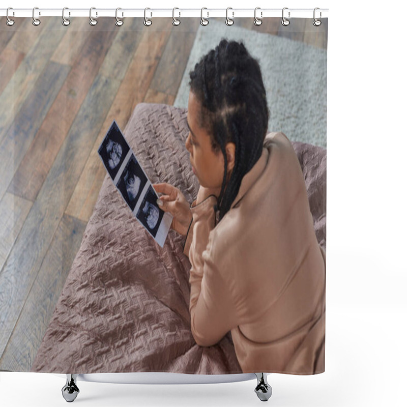 Personality  Top View Of African American Woman Lying On Bed, Looking At Ultrasound, Abortion Concept, Stress Shower Curtains