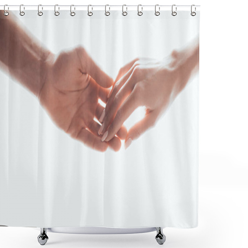 Personality  Partial View Of Man And Woman Holding Hands Isolated On White Shower Curtains