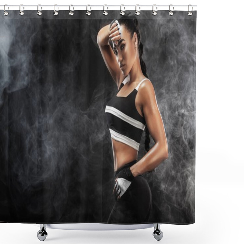 Personality  Sporty Beautiful Afro-american Model, Woman In Sportwear Makes Fitness Exercising At Black Background To Stay Fit Shower Curtains